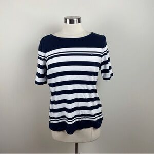 Tommy Hilfiger Navy Blue White Stripe Short Sleeve Tee Shirt Top Women Large